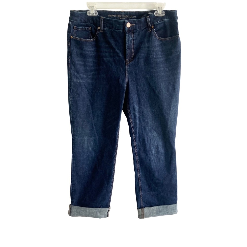 Chicos So Lifting Straight Leg Jeans Dark Wash Blue Size 1.5 Short Cuffed Hem